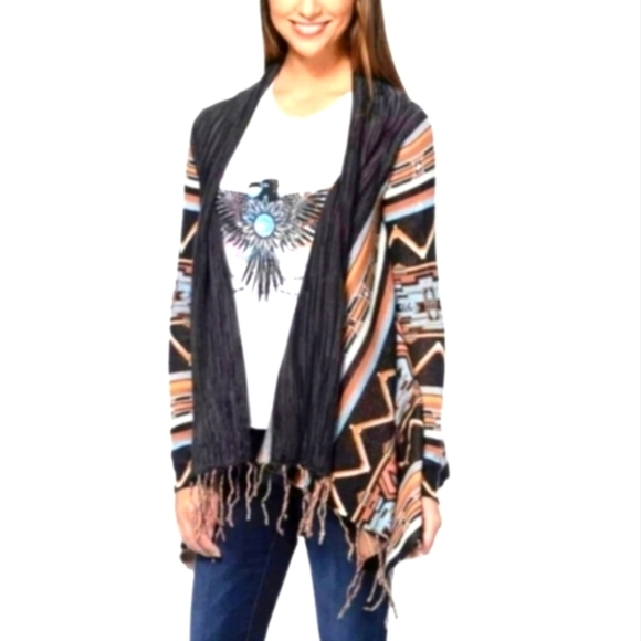 Billabong Dream Chaser Cardigan Sweater Aztec Boho Fringe Hem Multicolor sz S - Picture 1 of 12
